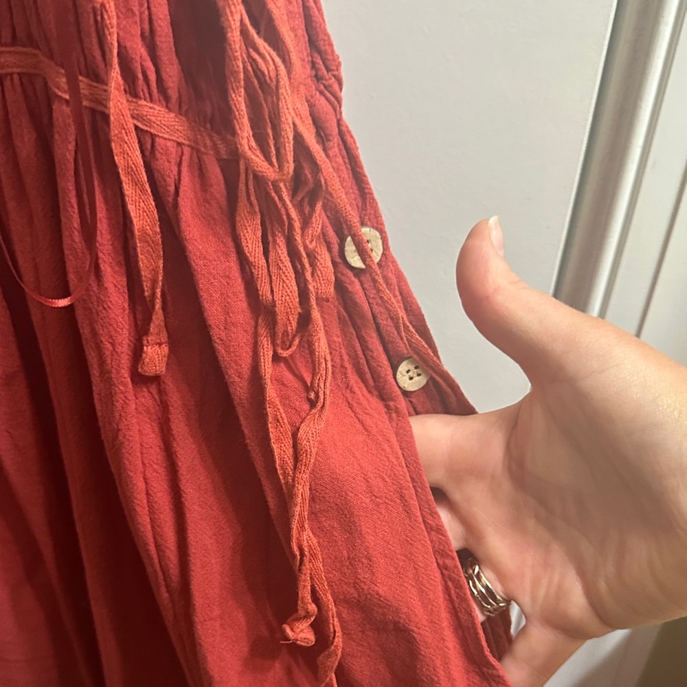 Heyson Rust Ruffled Strap Mini Dress with Button detail & Tie Side - Picture 5 of 6